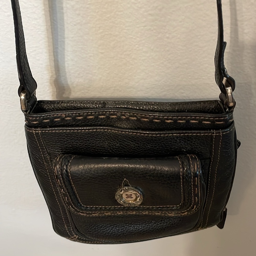 Brighton Crossbody Purse in Black Textured Leather, Brown Accent Stitching